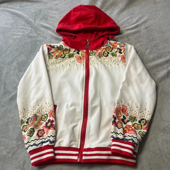 Satin White & Red Zip Up Hooded Jacket - Picture 3 of 12